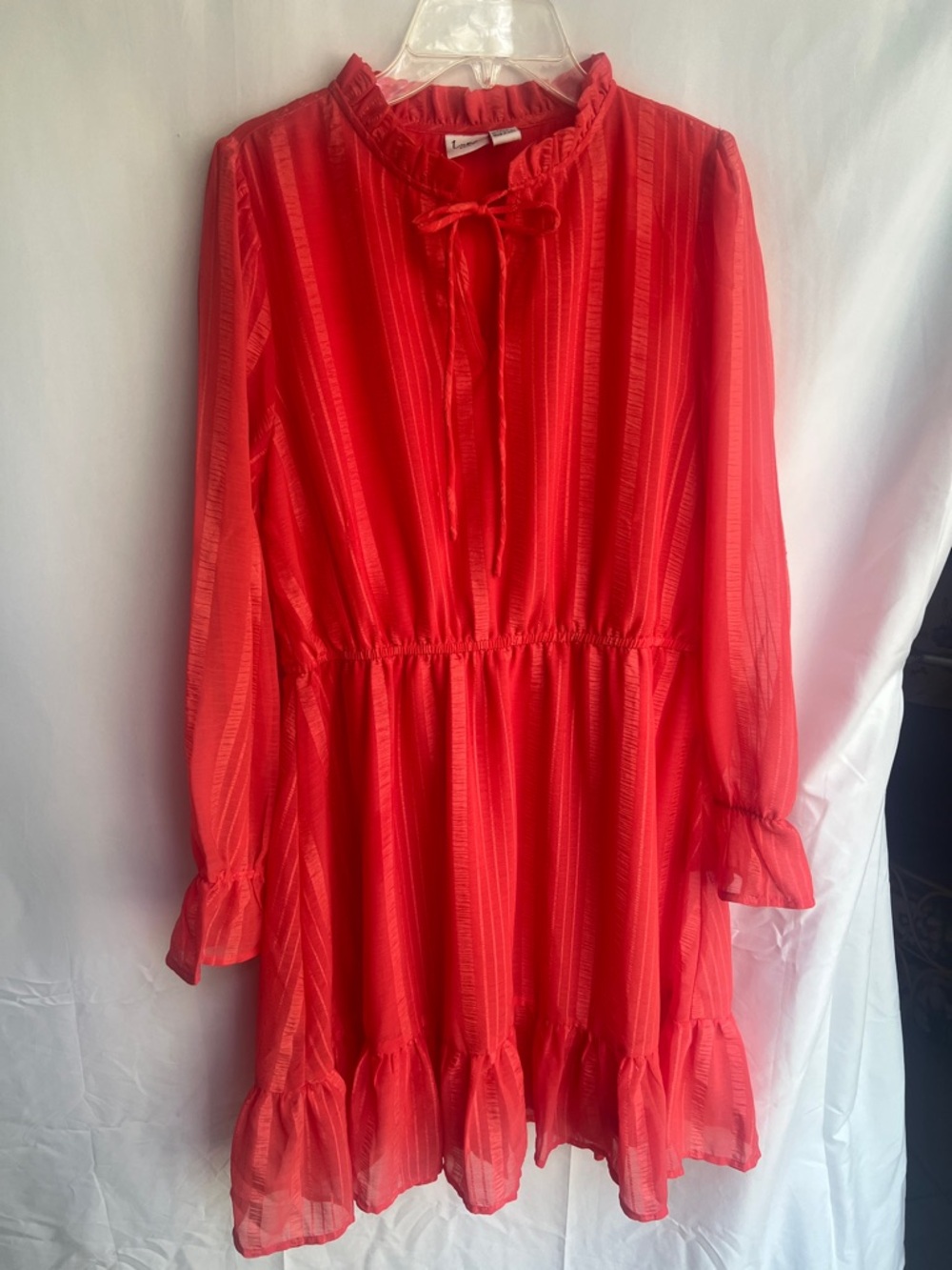 Tie-Neck Coral Midi Dress with Ruffle Hem